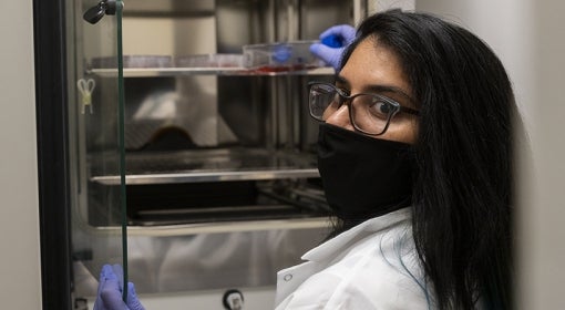 south Asian woman wears dark mask, glasses, white lab coat and latex gloves in lab