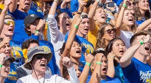 crowd of students wearing blue and gold, arms raised, yelling and standing in stadium seating
