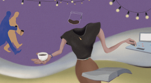 illustrated gif of person with coffee pot as head, cup of coffee and saucer in one hand, the other hand typing on a laptop. A book floats open in front of person. Strings of lights appear above, and in background, silhouettes carrying cups of coffee