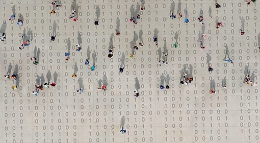 An illustration of people walking over binary numbers