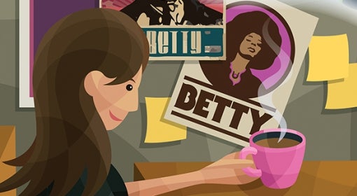 illustration of brown-haired woman holding coffee cup, posters of "Betty" on wall behind her along with yellow Post-it notes