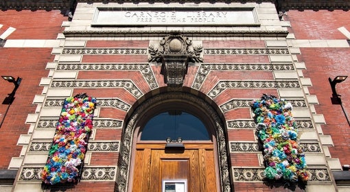 Carnegie Library of Pittsburgh in Lawrenceville, decorated with handmade, multicolor flowers