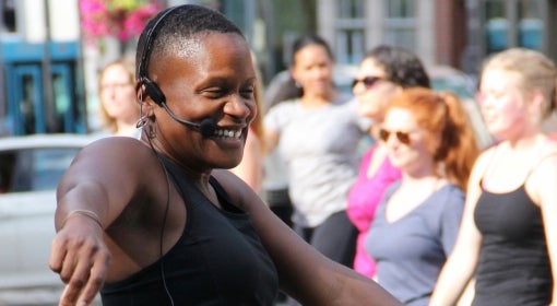 Felicia Savage Friedman teaches yoga in Market Square in downtown Pittsburgh.