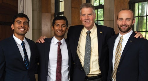 Rohit Anand, Joseph Kannarkat, Chancellor Patrick Gallagher, and Pat O'Donnell in the Chancllor's office in the Cathedral of Learning.