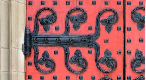 Heinz Memorial Chapel door, red wood with black hardware