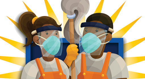 cleaning crew with masks, face shields, gloves, holding mop in front of blue shield