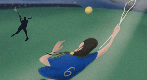 illustration of female lacrosse player in blue jersey with yellow "6" under a dark blue evening sky as she tries to catch a yellow ball headed toward her with her white lacrosse stick 