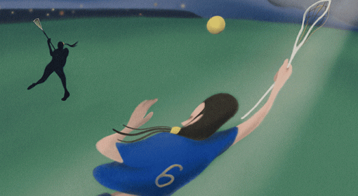 illustration of female lacrosse player in blue jersey with yellow "6" under a dark blue evening sky as she tries to catch a yellow ball headed toward her with her white lacrosse stick