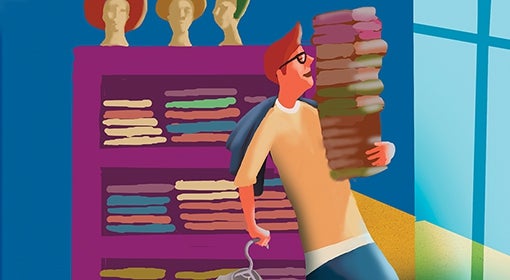 Illustration of retail worker carrying a pile of clothes items in a store.