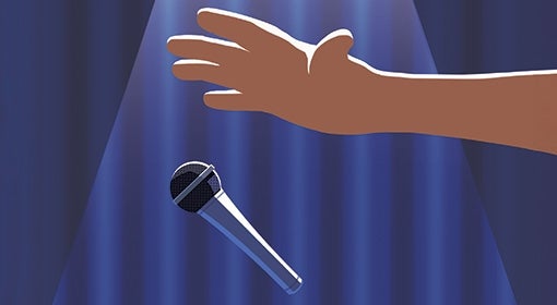 An illustration of a hand dropping a microphone against a blue curtain