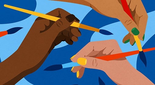 An illustrations of hands holding paintbrushes