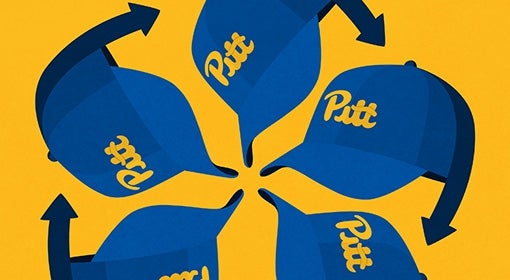 An illustration of blue baseball hats with a Pitt script logo against a yellow background