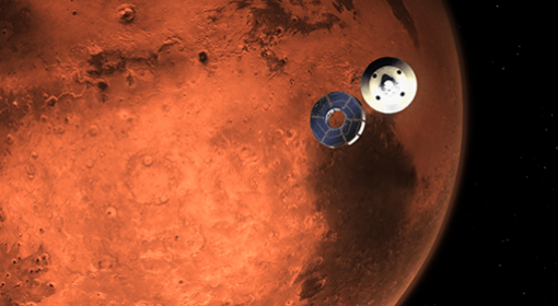 This illustration shows NASA's Perseverance rover casting off its spacecraft's cruise stage, minutes before entering the Martian atmosphere.