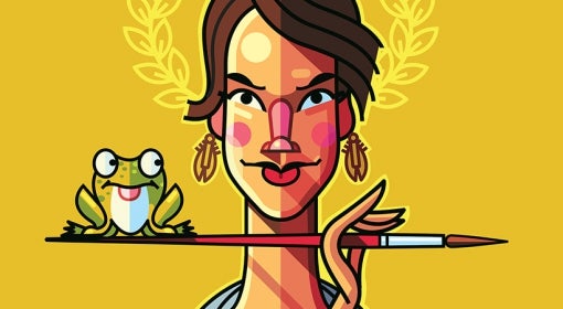 Illustration of Ashley Cecil holding a paintbrush horizontally with a frog sitting on the edge of the brush.