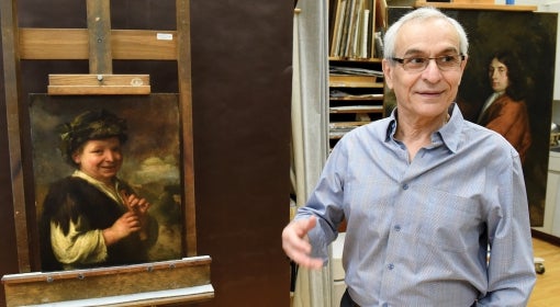 Costas Karakatsanis stands next to and discusses the 18th-century painting Shepard Boy with Recording at the Carnegie Museum of Art in Pittsburgh.