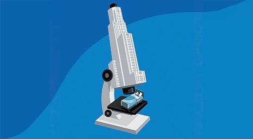 An illustration of a Cathedral of Learning-shaped microscope looking at a person in a bed