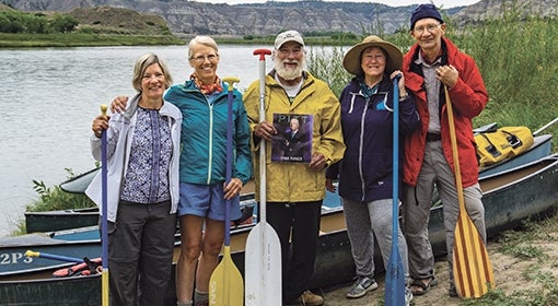 Adventurous friends: Assemble! Former members of Pitt’s Outdoors Club reunited on a canoe trip on the Upper Missouri River. Pictured from left to right: Jean (Engan) Kolbe A&S ’74, SOC WK ’93; Patricia Anne (Sweeney) Campbell A&S ’74, BUS ’76; Rodney Cogliati ENGR ’74; Carol Cronin A&S ’74; and William Kowalik A&S ’73.