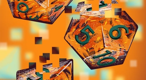 illustration of three orange, multi-sided dice dispersing into a pixelated, digital world