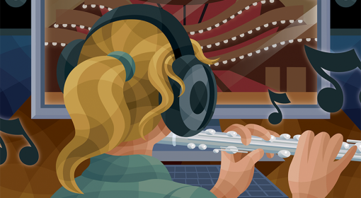 illustration of blond woman with ponytail wearing black earphones playing flute in front of computer screen