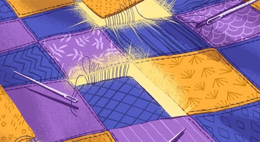 illustration of indigo, orange and purple patchwork quilt stitched with many needles