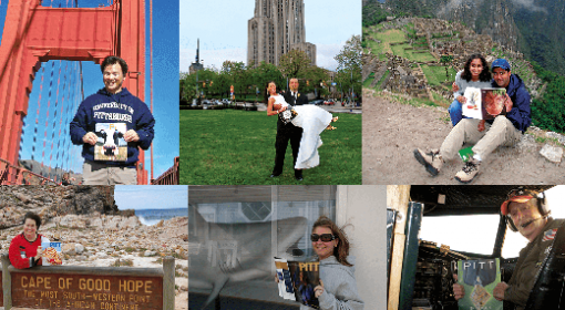 collage of people holding Pitt Magazine at places around the world