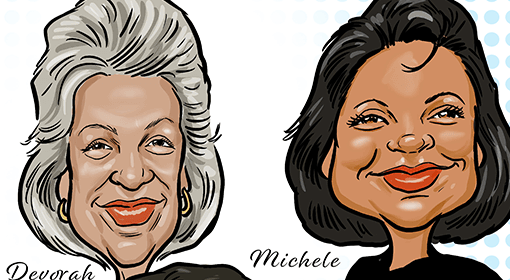 color caricatures drawing of Devorah and Michele of the Carlow 9, with caption "Carlow 9 Pitt Reunion 2020"