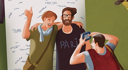 Illustration of two students getting their photo taken.