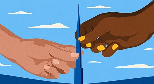 An illustration of hands holding a spire against a blue sky