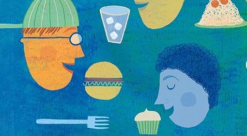 illustration of people's heads, eating utensils, glass of ice water, hamburger, spaghetti with meatballs, and cupcake floating over turquoise background