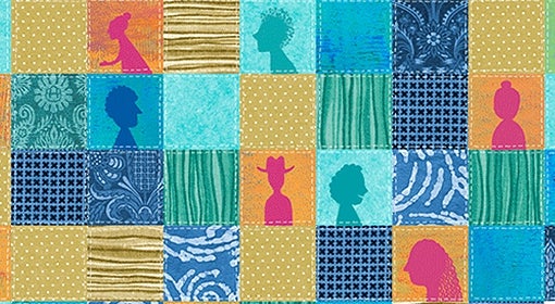 illustration of multicolor-squared quilt with profiles of people inside some squares