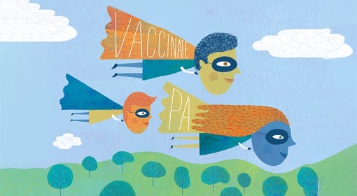 illustration of three masked, caped people flying over landscape of trees, the words "Vaccinate" and "PA" on two of the three capes