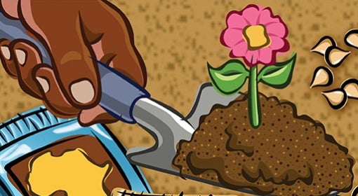 illustration of hand holding spade with dirt from which a pink flower is blooming. Seed packets lay on the ground around it.