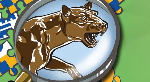 illustration of magnifying glass over panther statue, with Pitt-colored puzzle pieces in background