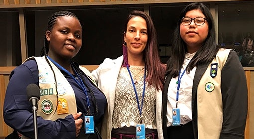 Heidi Schmidt with Sentia, left, and Daisy, at the United Nations’s 63rd session of the Commission on the Status of Women