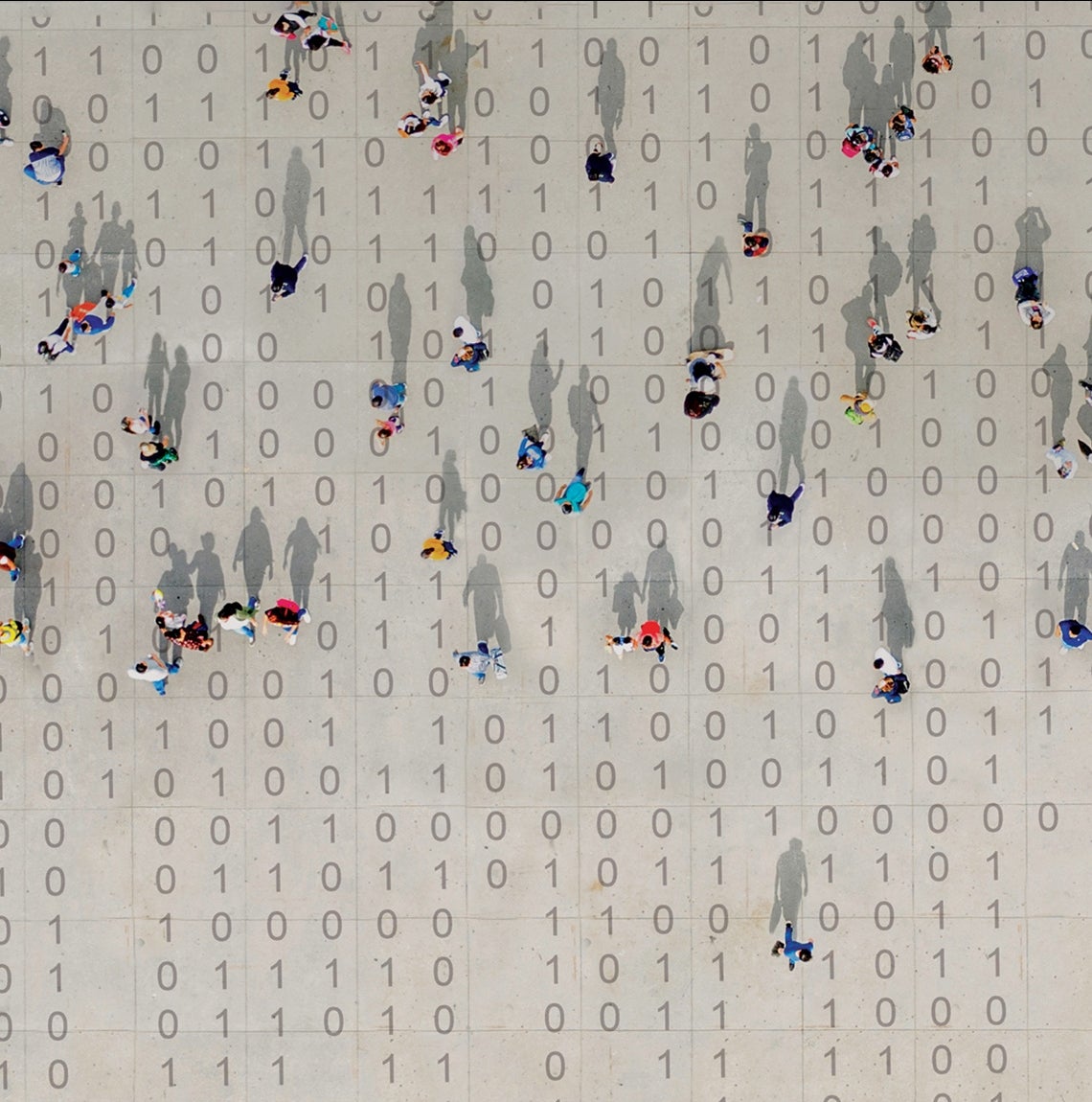 An illustration of people walking over binary numbers