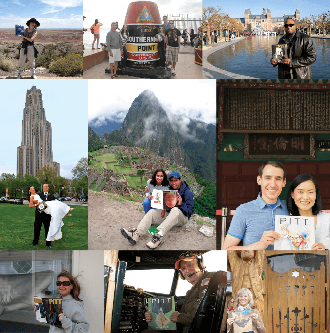 collage of people holding Pitt Magazine at places around the world